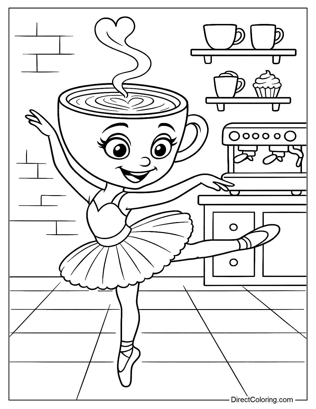 a coloring page of Cappuccina dancing in a super cute coffee shop.